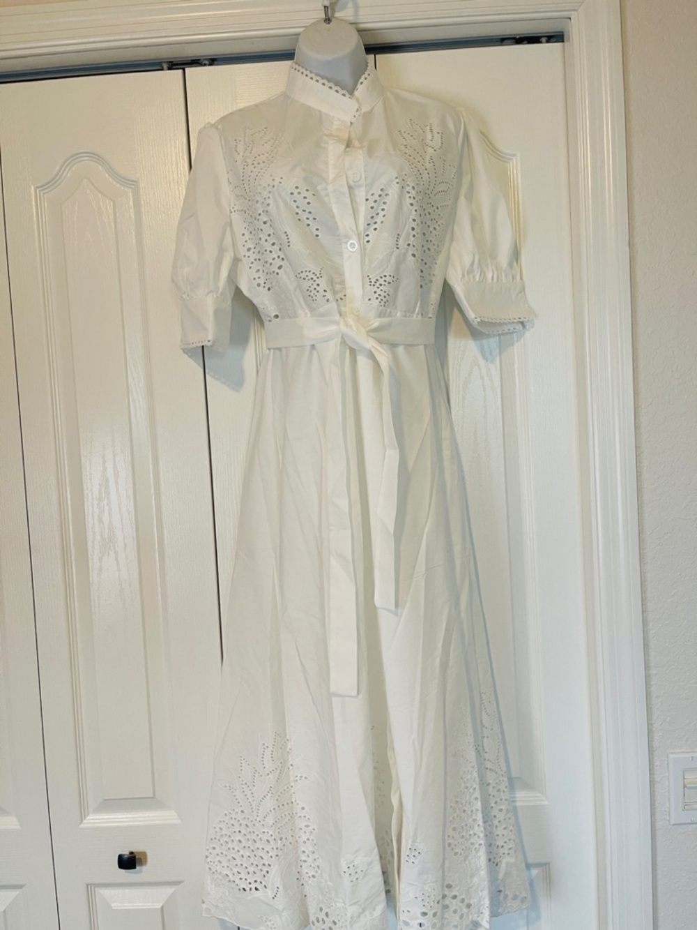 White Eyelet Button-Front Midi Dress with Tie Waist